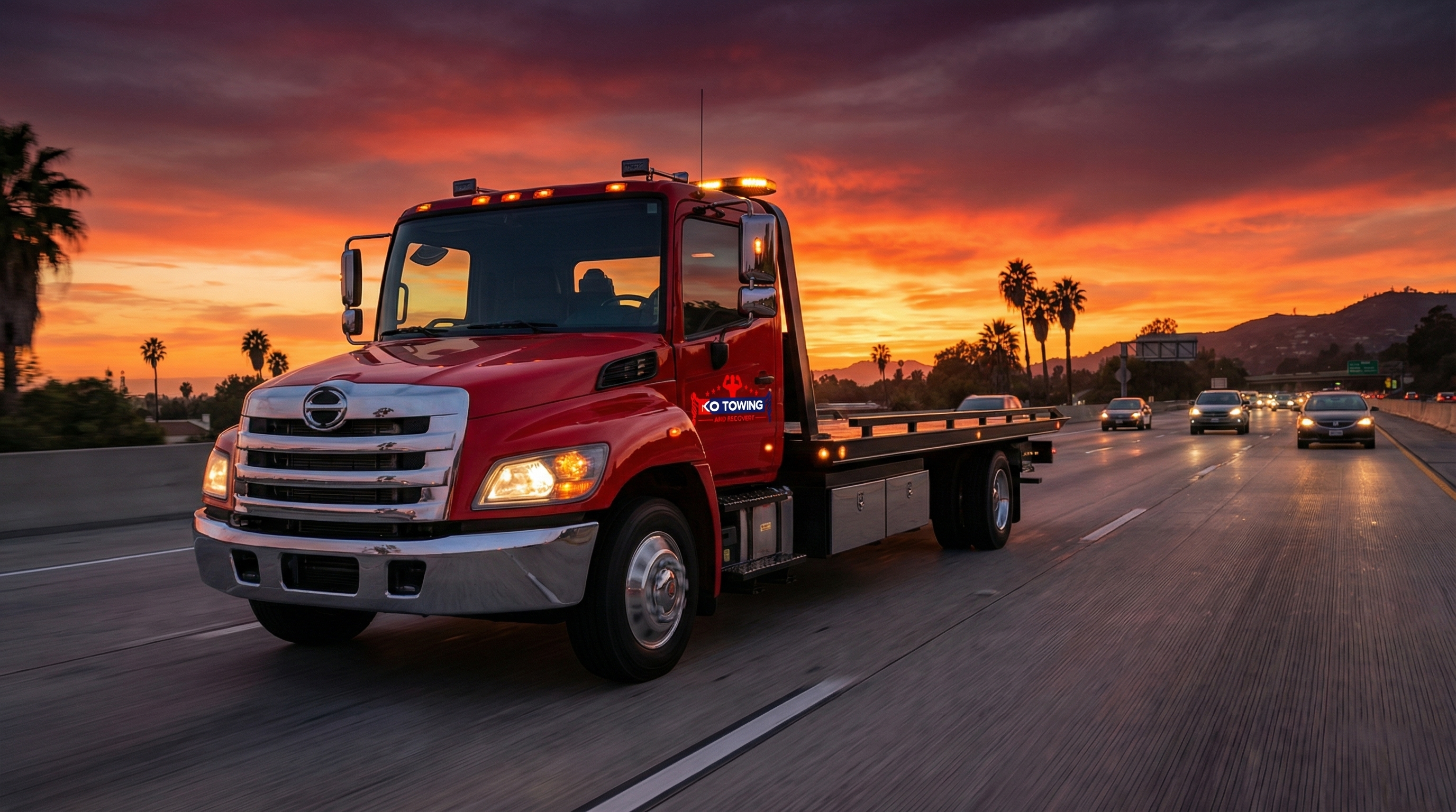 KO Towing truck on Southern California freeway